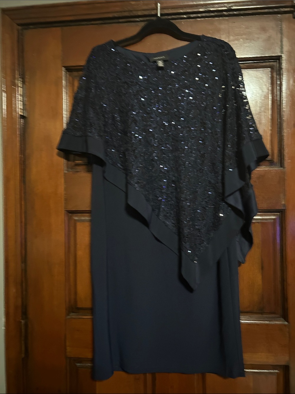 Navy Sequin Midi Dress with Draped Overlay